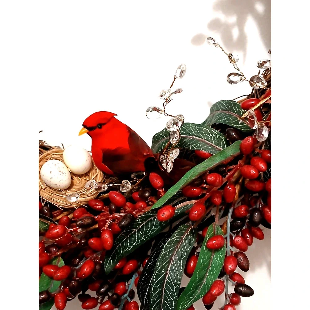 Winter Berries Door Wreath Realistic Red CARDINAL‎ Egg Nest Holiday Ice Crystals
